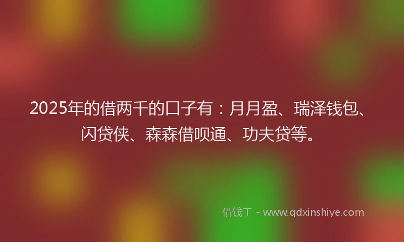 2025年的借两千的口子有：月月盈、瑞泽钱包、闪贷侠、森森借呗通、功夫贷等。