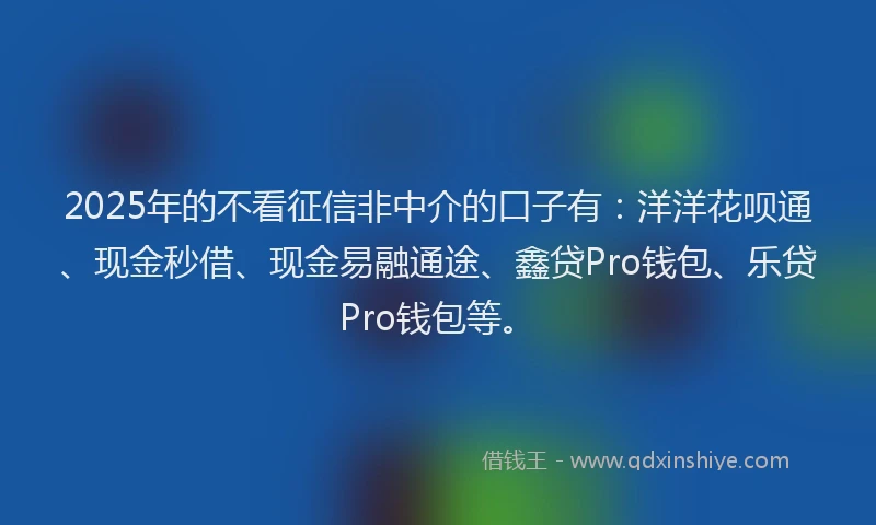 2025年的不看征信非中介的口子有：洋洋花呗通、现金秒借、现金易融通途、鑫贷Pro钱包、乐贷Pro钱包等。