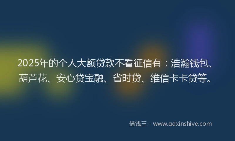 2025年的个人大额贷款不看征信有：浩瀚钱包、葫芦花、安心贷宝融、省时贷、维信卡卡贷等。