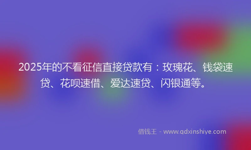 2025年的不看征信直接贷款有：玫瑰花、钱袋速贷、花呗速借、爱达速贷、闪银通等。