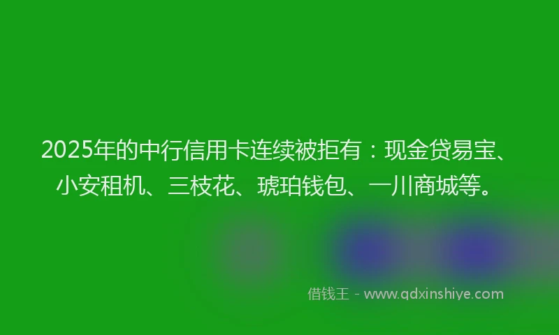 2025年的中行信用卡连续被拒有：现金贷易宝、小安租机、三枝花、琥珀钱包、一川商城等。
