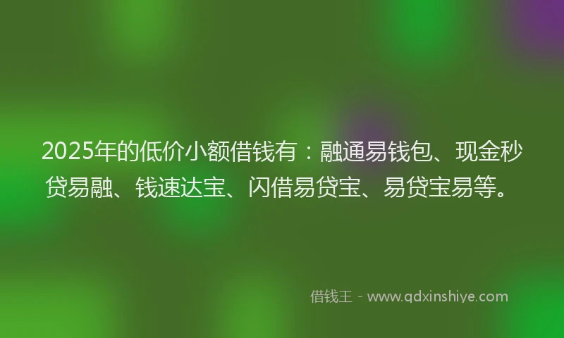 2025年的低价小额借钱有：融通易钱包、现金秒贷易融、钱速达宝、闪借易贷宝、易贷宝易等。