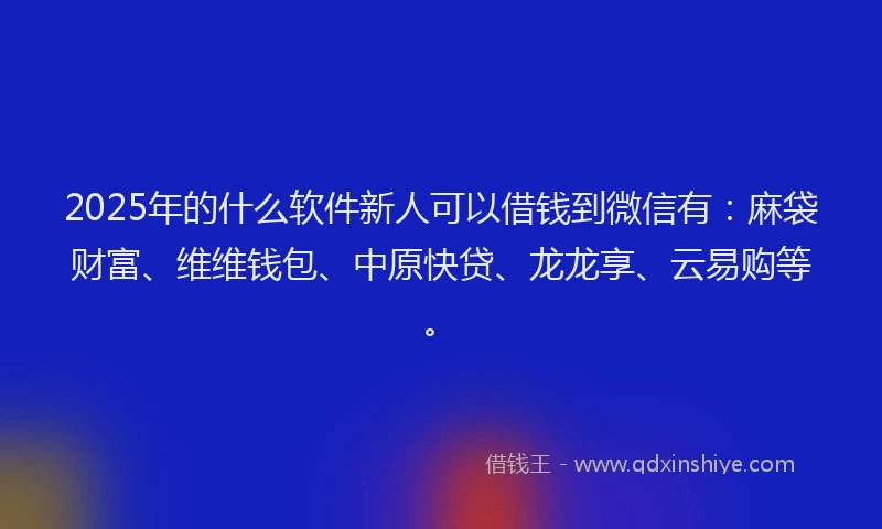 2025年的什么软件新人可以借钱到微信有：麻袋财富、维维钱包、中原快贷、龙龙享、云易购等。