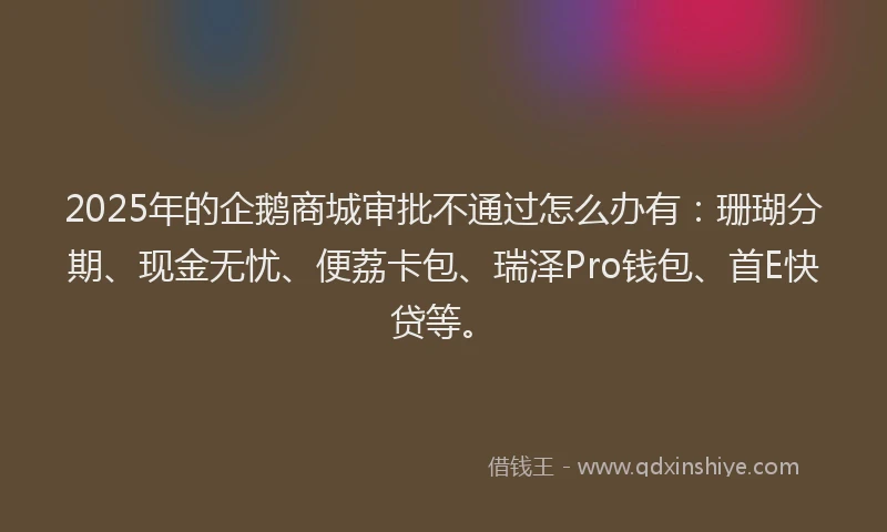 2025年的企鹅商城审批不通过怎么办有：珊瑚分期、现金无忧、便荔卡包、瑞泽Pro钱包、首E快贷等。