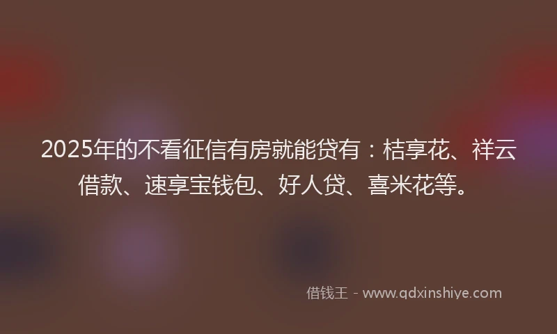 2025年的不看征信有房就能贷有：桔享花、祥云借款、速享宝钱包、好人贷、喜米花等。