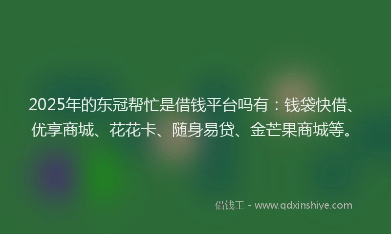 2025年的东冠帮忙是借钱平台吗有：钱袋快借、优享商城、花花卡、随身易贷、金芒果商城等。