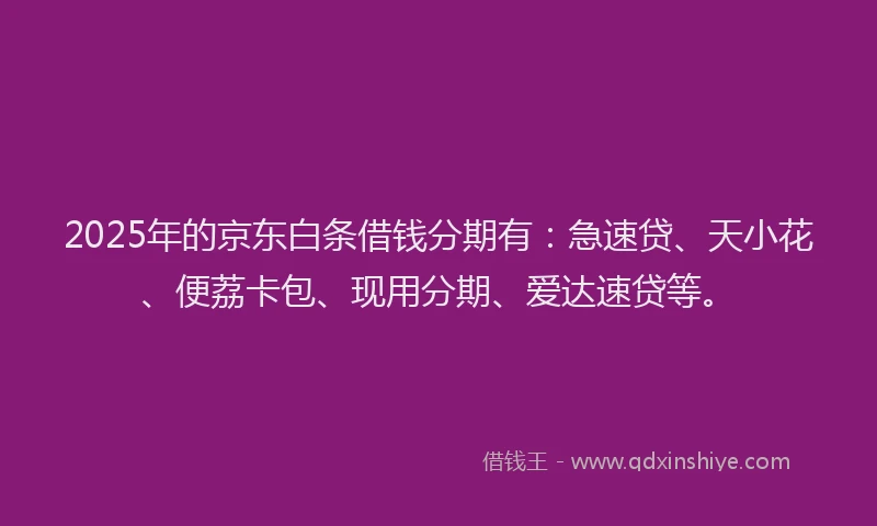 2025年的京东白条借钱分期有：急速贷、天小花、便荔卡包、现用分期、爱达速贷等。