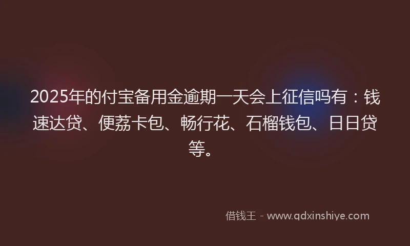 2025年的付宝备用金逾期一天会上征信吗有：钱速达贷、便荔卡包、畅行花、石榴钱包、日日贷等。