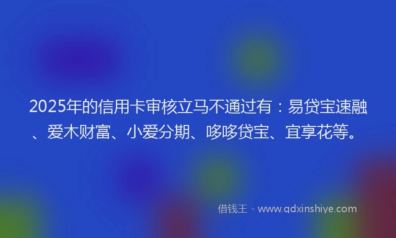 2025年的信用卡审核立马不通过有：易贷宝速融、爱木财富、小爱分期、哆哆贷宝、宜享花等。