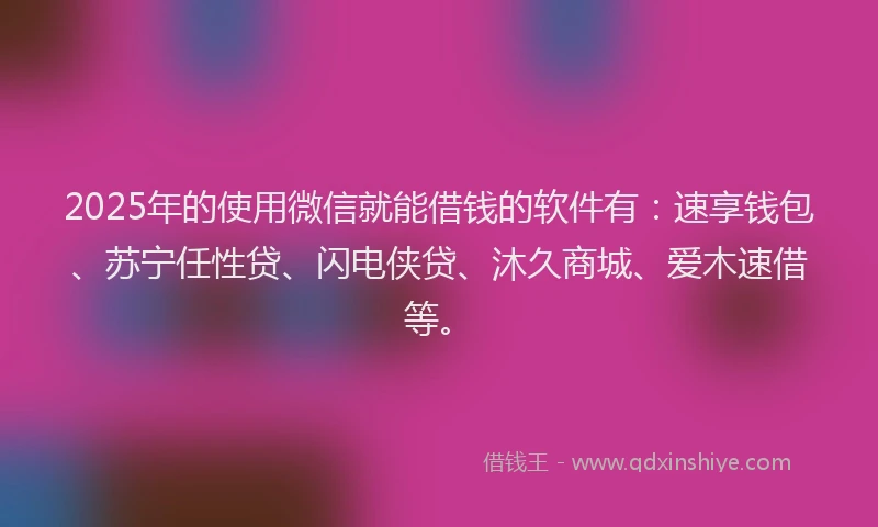 2025年的使用微信就能借钱的软件有：速享钱包、苏宁任性贷、闪电侠贷、沐久商城、爱木速借等。