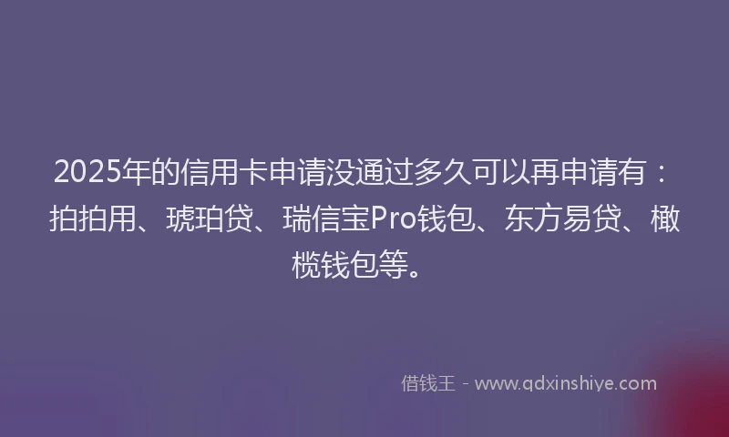 2025年的信用卡申请没通过多久可以再申请有：拍拍用、琥珀贷、瑞信宝Pro钱包、东方易贷、橄榄钱包等。