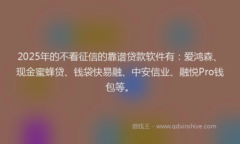 2025年的不看征信的靠谱贷款软件有：爱鸿森、现金蜜蜂贷、钱袋快易融、中安信业、融悦Pro钱包等。