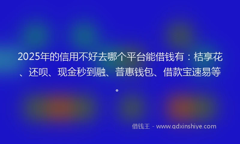 2025年的信用不好去哪个平台能借钱有：桔享花、还呗、现金秒到融、普惠钱包、借款宝速易等。