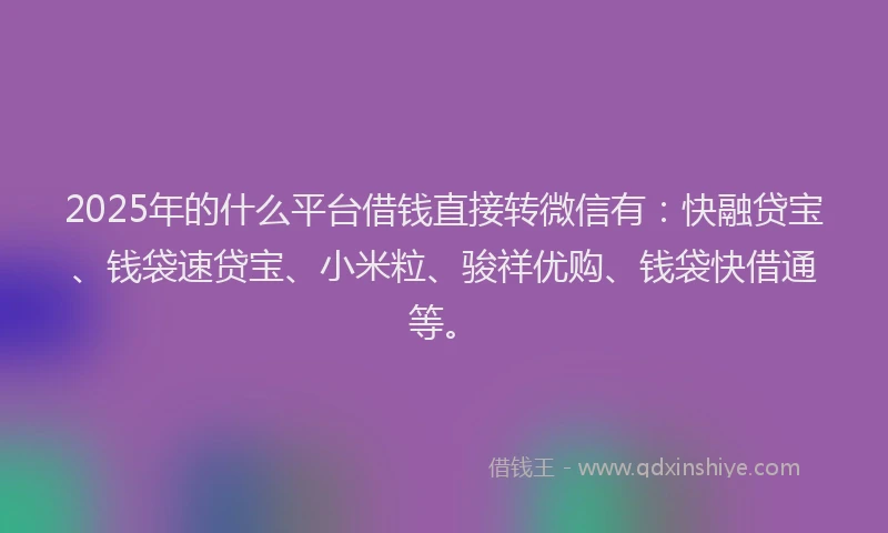 2025年的什么平台借钱直接转微信有：快融贷宝、钱袋速贷宝、小米粒、骏祥优购、钱袋快借通等。