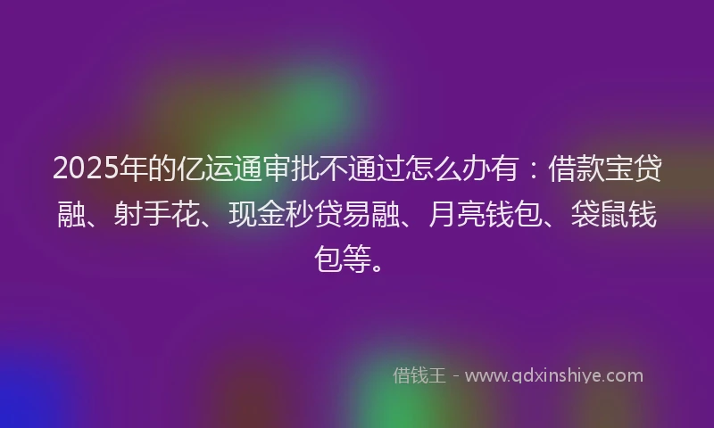 2025年的亿运通审批不通过怎么办有：借款宝贷融、射手花、现金秒贷易融、月亮钱包、袋鼠钱包等。