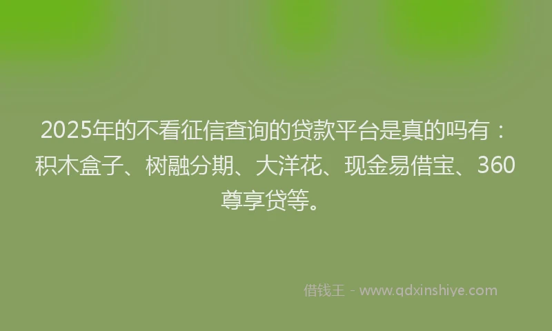 2025年的不看征信查询的贷款平台是真的吗有：积木盒子、树融分期、大洋花、现金易借宝、360尊享贷等。