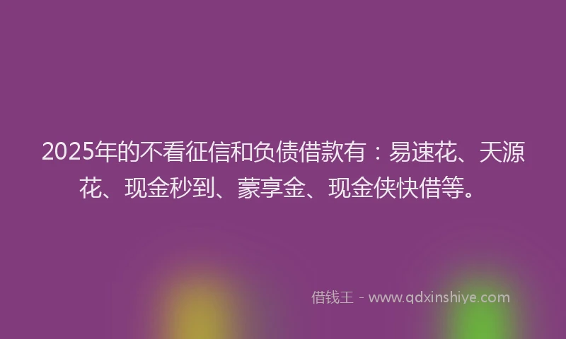 2025年的不看征信和负债借款有：易速花、天源花、现金秒到、蒙享金、现金侠快借等。