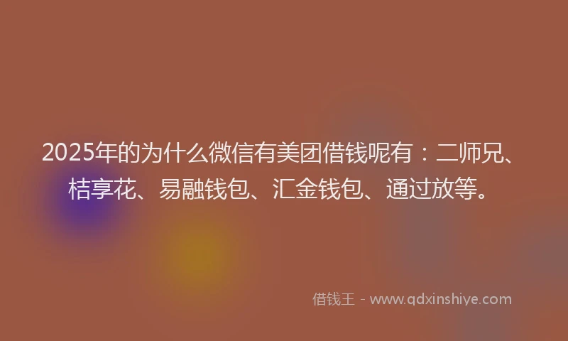 2025年的为什么微信有美团借钱呢有：二师兄、桔享花、易融钱包、汇金钱包、通过放等。