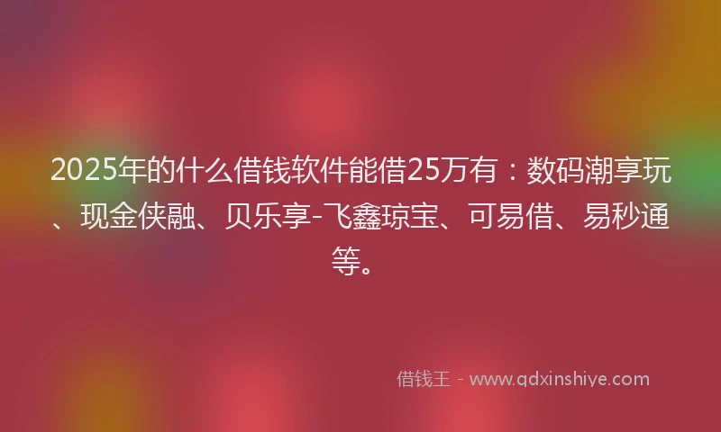 2025年的什么借钱软件能借25万有：数码潮享玩、现金侠融、贝乐享-飞鑫琼宝、可易借、易秒通等。