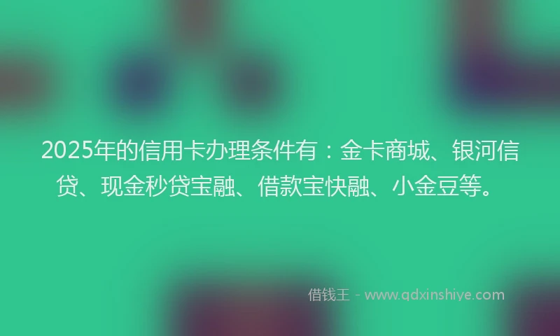 2025年的信用卡办理条件有：金卡商城、银河信贷、现金秒贷宝融、借款宝快融、小金豆等。