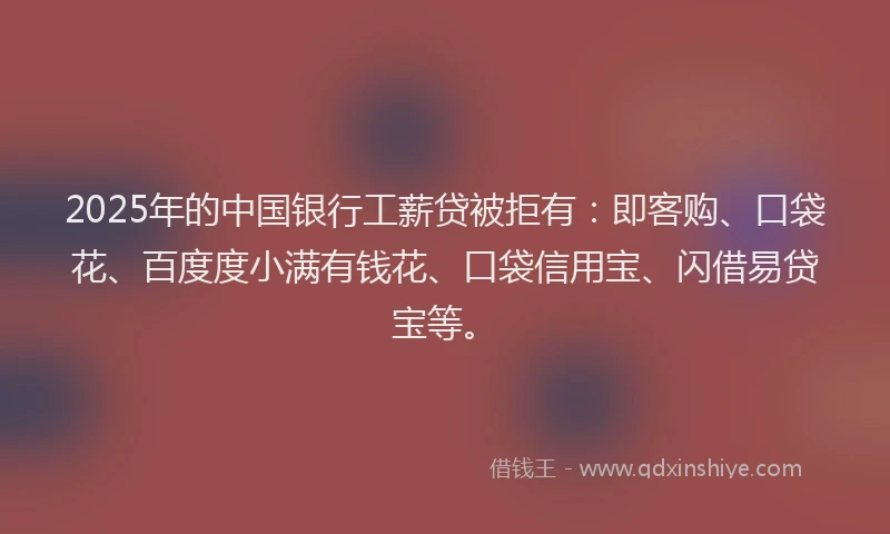 2025年的中国银行工薪贷被拒有：即客购、口袋花、百度度小满有钱花、口袋信用宝、闪借易贷宝等。