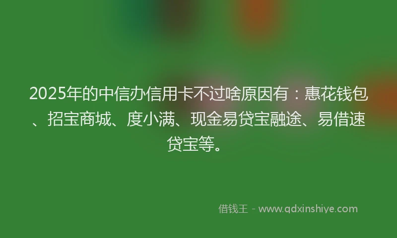 2025年的中信办信用卡不过啥原因有：惠花钱包、招宝商城、度小满、现金易贷宝融途、易借速贷宝等。