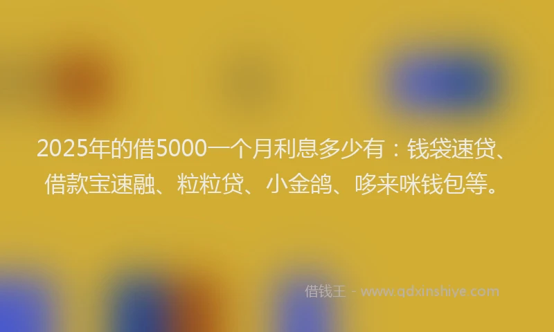 2025年的借5000一个月利息多少有：钱袋速贷、借款宝速融、粒粒贷、小金鸽、哆来咪钱包等。