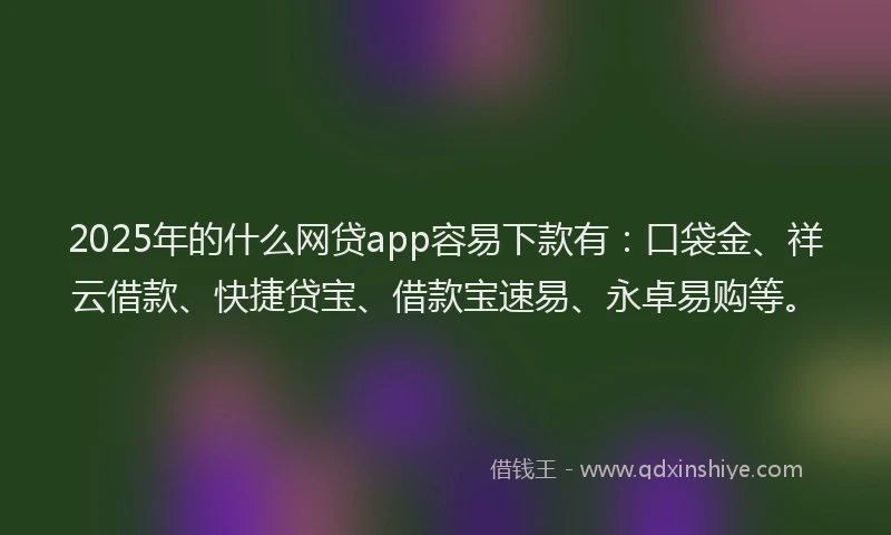 2025年的什么网贷app容易下款有：口袋金、祥云借款、快捷贷宝、借款宝速易、永卓易购等。