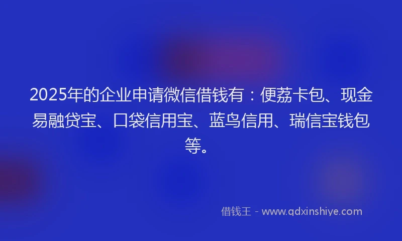 2025年的企业申请微信借钱有：便荔卡包、现金易融贷宝、口袋信用宝、蓝鸟信用、瑞信宝钱包等。