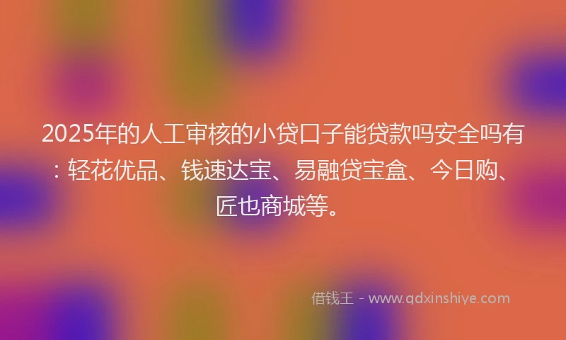 2025年的人工审核的小贷口子能贷款吗安全吗有：轻花优品、钱速达宝、易融贷宝盒、今日购、匠也商城等。