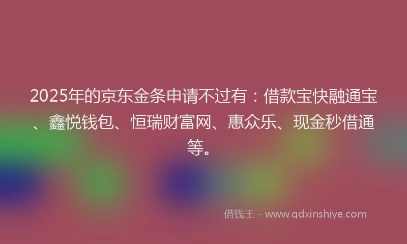 2025年的京东金条申请不过有：借款宝快融通宝、鑫悦钱包、恒瑞财富网、惠众乐、现金秒借通等。
