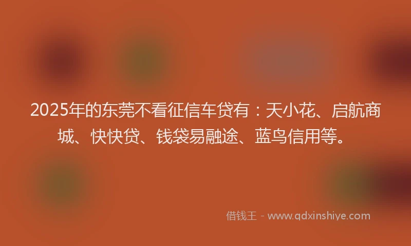 2025年的东莞不看征信车贷有：天小花、启航商城、快快贷、钱袋易融途、蓝鸟信用等。
