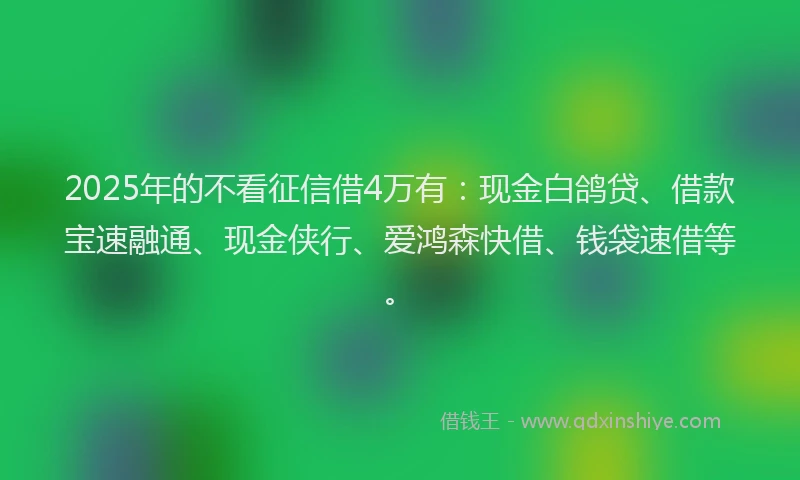 2025年的不看征信借4万有：现金白鸽贷、借款宝速融通、现金侠行、爱鸿森快借、钱袋速借等。