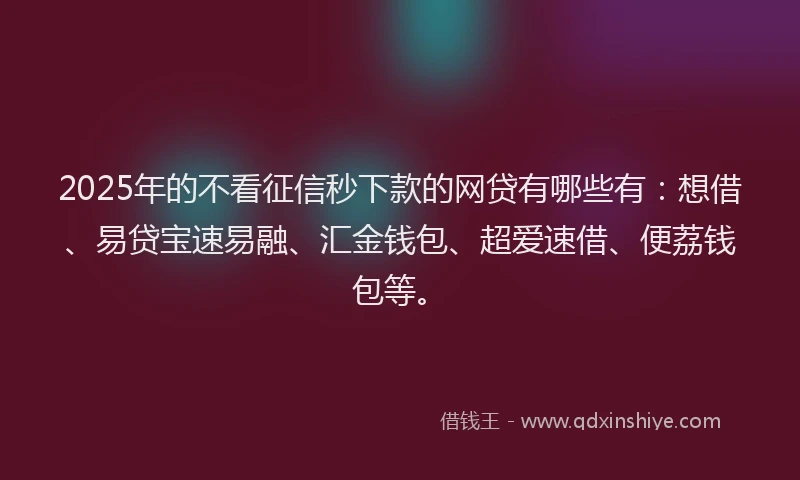 2025年的不看征信秒下款的网贷有哪些有：想借、易贷宝速易融、汇金钱包、超爱速借、便荔钱包等。