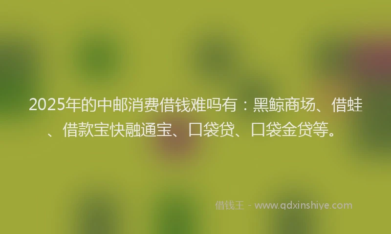 2025年的中邮消费借钱难吗有：黑鲸商场、借蛙、借款宝快融通宝、口袋贷、口袋金贷等。