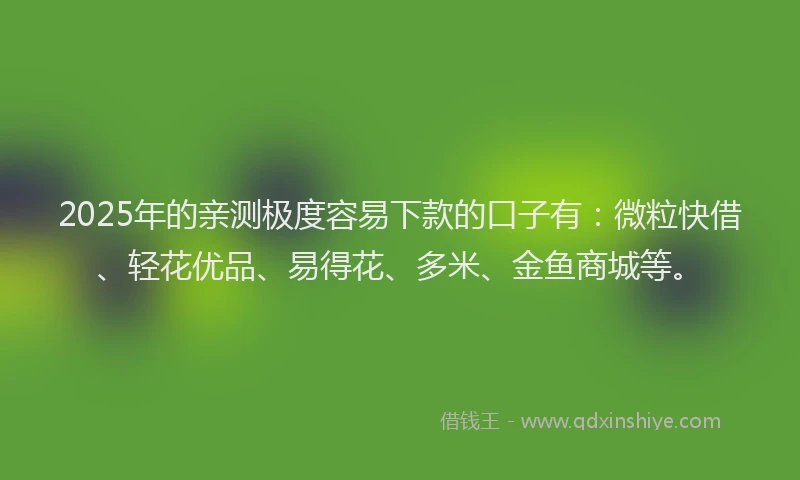2025年的亲测极度容易下款的口子有：微粒快借、轻花优品、易得花、多米、金鱼商城等。