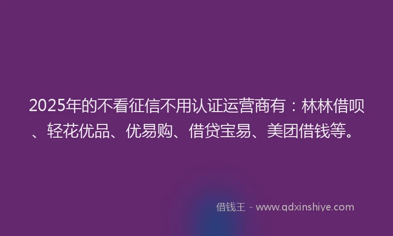 2025年的不看征信不用认证运营商有：林林借呗、轻花优品、优易购、借贷宝易、美团借钱等。