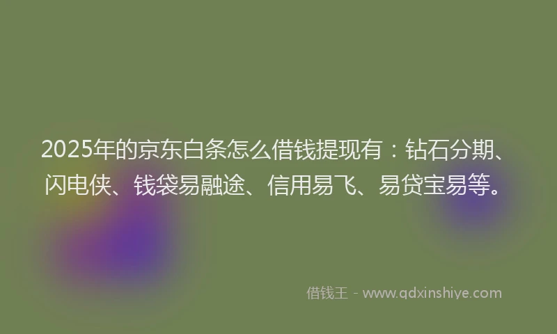 2025年的京东白条怎么借钱提现有：钻石分期、闪电侠、钱袋易融途、信用易飞、易贷宝易等。