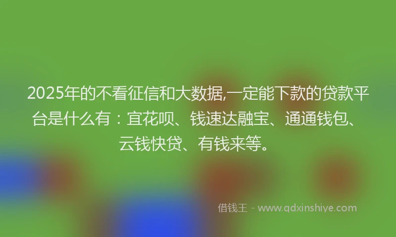 2025年的不看征信和大数据,一定能下款的贷款平台是什么有：宜花呗、钱速达融宝、通通钱包、云钱快贷、有钱来等。