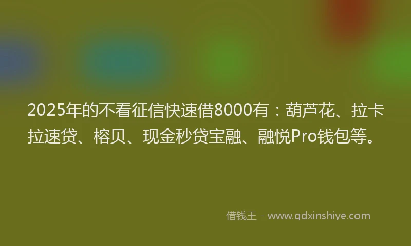 2025年的不看征信快速借8000有：葫芦花、拉卡拉速贷、榕贝、现金秒贷宝融、融悦Pro钱包等。