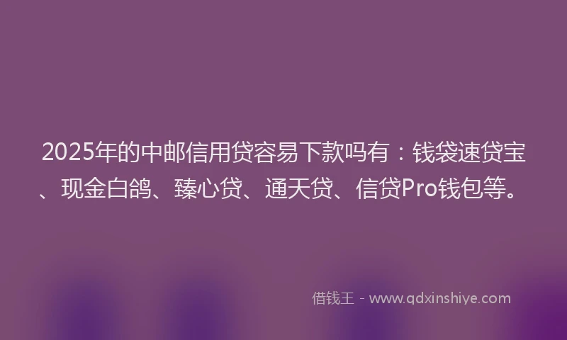 2025年的中邮信用贷容易下款吗有：钱袋速贷宝、现金白鸽、臻心贷、通天贷、信贷Pro钱包等。