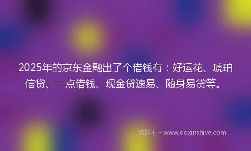 2025年的京东金融出了个借钱有：好运花、琥珀信贷、一点借钱、现金贷速易、随身易贷等。