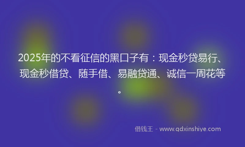 2025年的不看征信的黑口子有：现金秒贷易行、现金秒借贷、随手借、易融贷通、诚信一周花等。