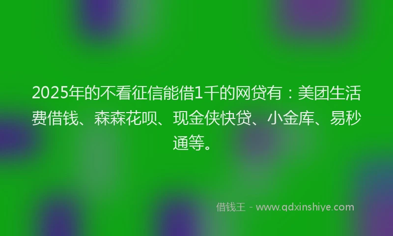 2025年的不看征信能借1千的网贷有：美团生活费借钱、森森花呗、现金侠快贷、小金库、易秒通等。