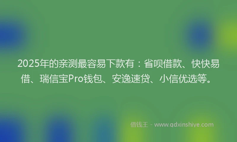 2025年的亲测最容易下款有：省呗借款、快快易借、瑞信宝Pro钱包、安逸速贷、小信优选等。