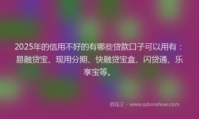 2025年的信用不好的有哪些贷款口子可以用有：易融贷宝、现用分期、快融贷宝盒、闪贷通、乐享宝等。