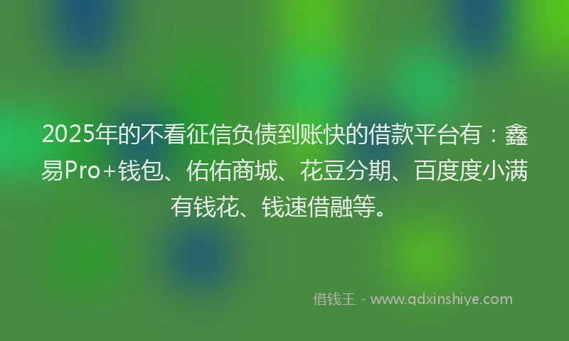 2025年的不看征信负债到账快的借款平台有：鑫易Pro+钱包、佑佑商城、花豆分期、百度度小满有钱花、钱速借融等。