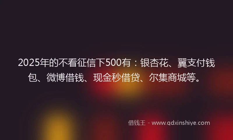 2025年的不看征信下500有：银杏花、翼支付钱包、微博借钱、现金秒借贷、尔集商城等。