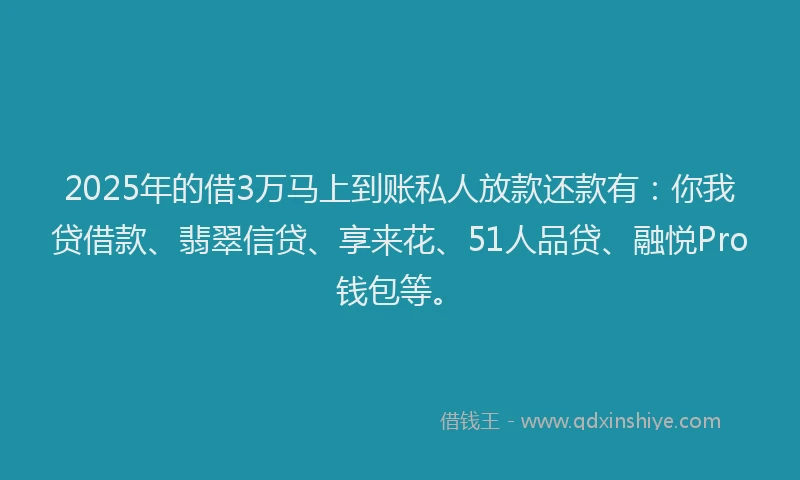 2025年的借3万马上到账私人放款还款有：你我贷借款、翡翠信贷、享来花、51人品贷、融悦Pro钱包等。