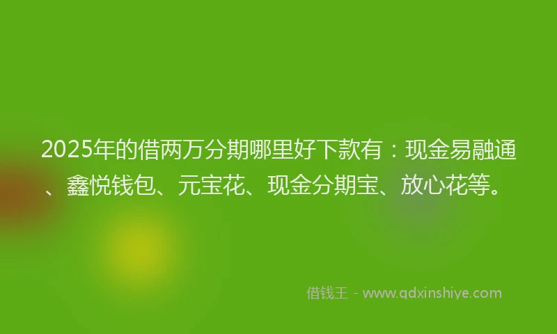 2025年的借两万分期哪里好下款有：现金易融通、鑫悦钱包、元宝花、现金分期宝、放心花等。